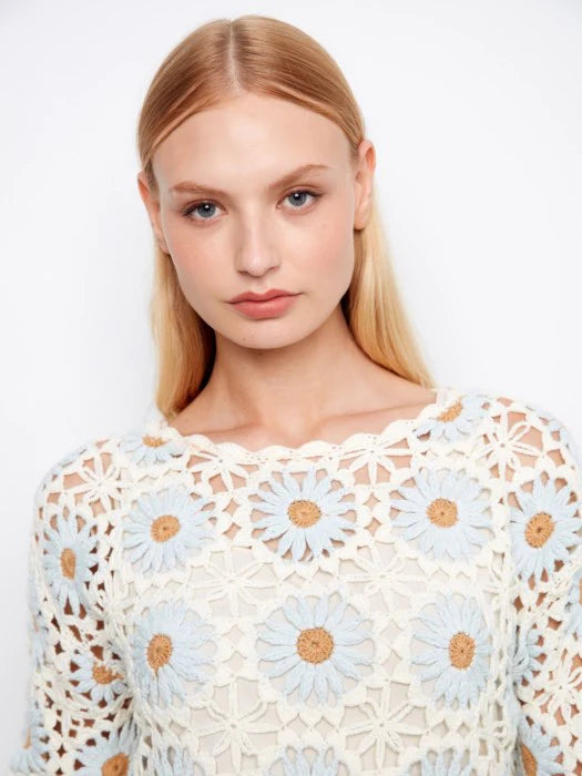 CHARLIE B FLOWER CROCHET SWEATER - POWDER - Vi-Leen's Fashions