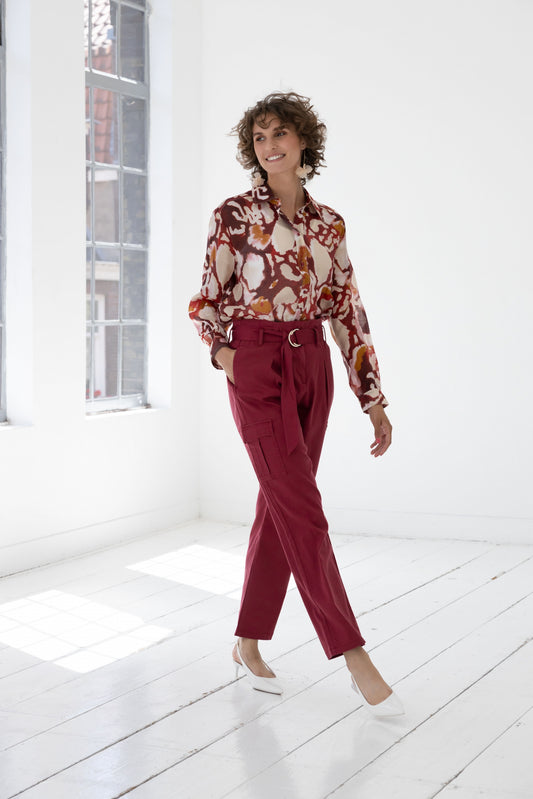 YEST RHONA PRINT BUTTON FRONT BLOUSE - MAROON MIX