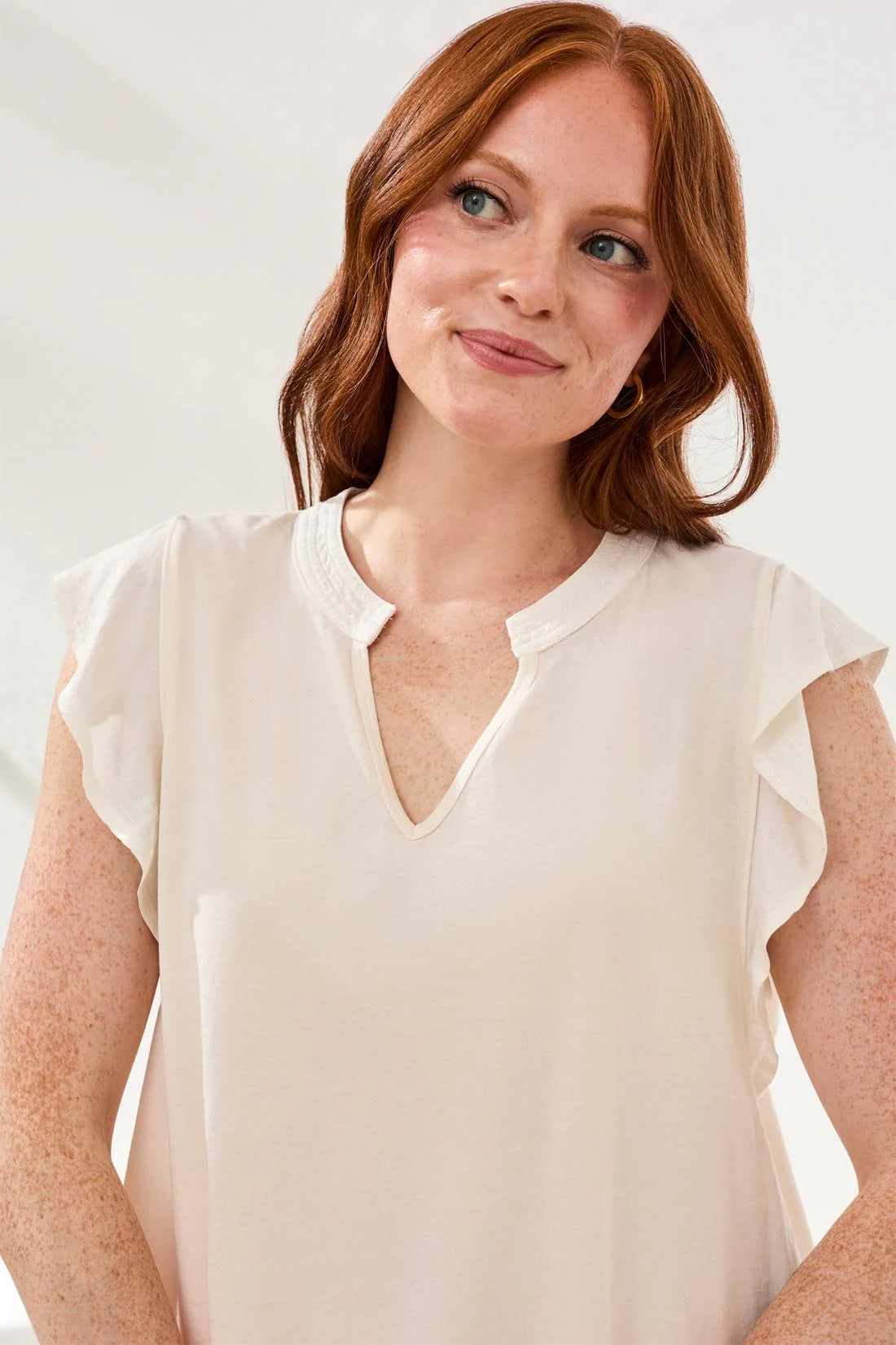 TRIBAL RUFFLE SLEEVE V-NECK TOP - EGGSHELL