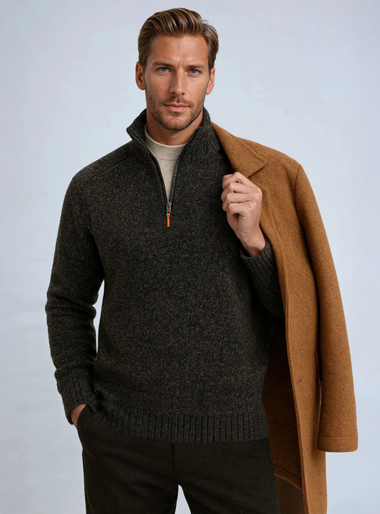 MEN'S POINT ZERO TEXTURED KNIT MOCK ZIP SWEATER - BLACK MELANGE