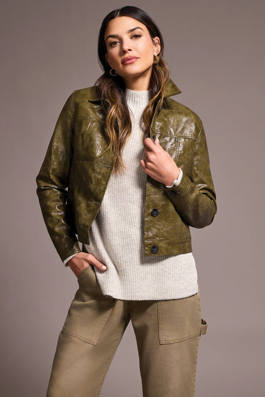 TRIBAL FAUX LEATHER BUTTON FRONT JACKET - OLIVE LEAF