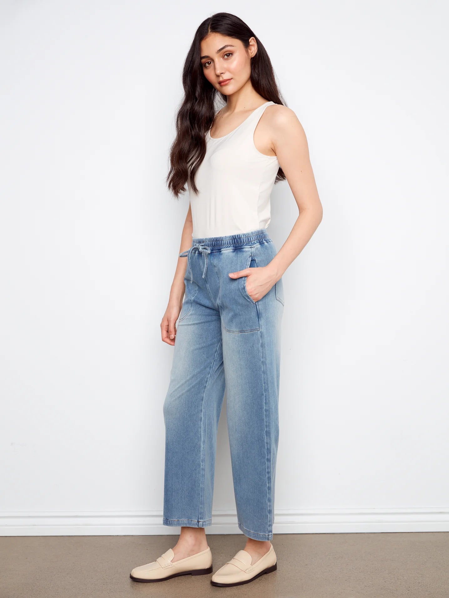 CHARLIE B KNIT DENIM WIDE LEG JOGGER PANT - MEDIUM BLUE - Vi-Leen's Fashions