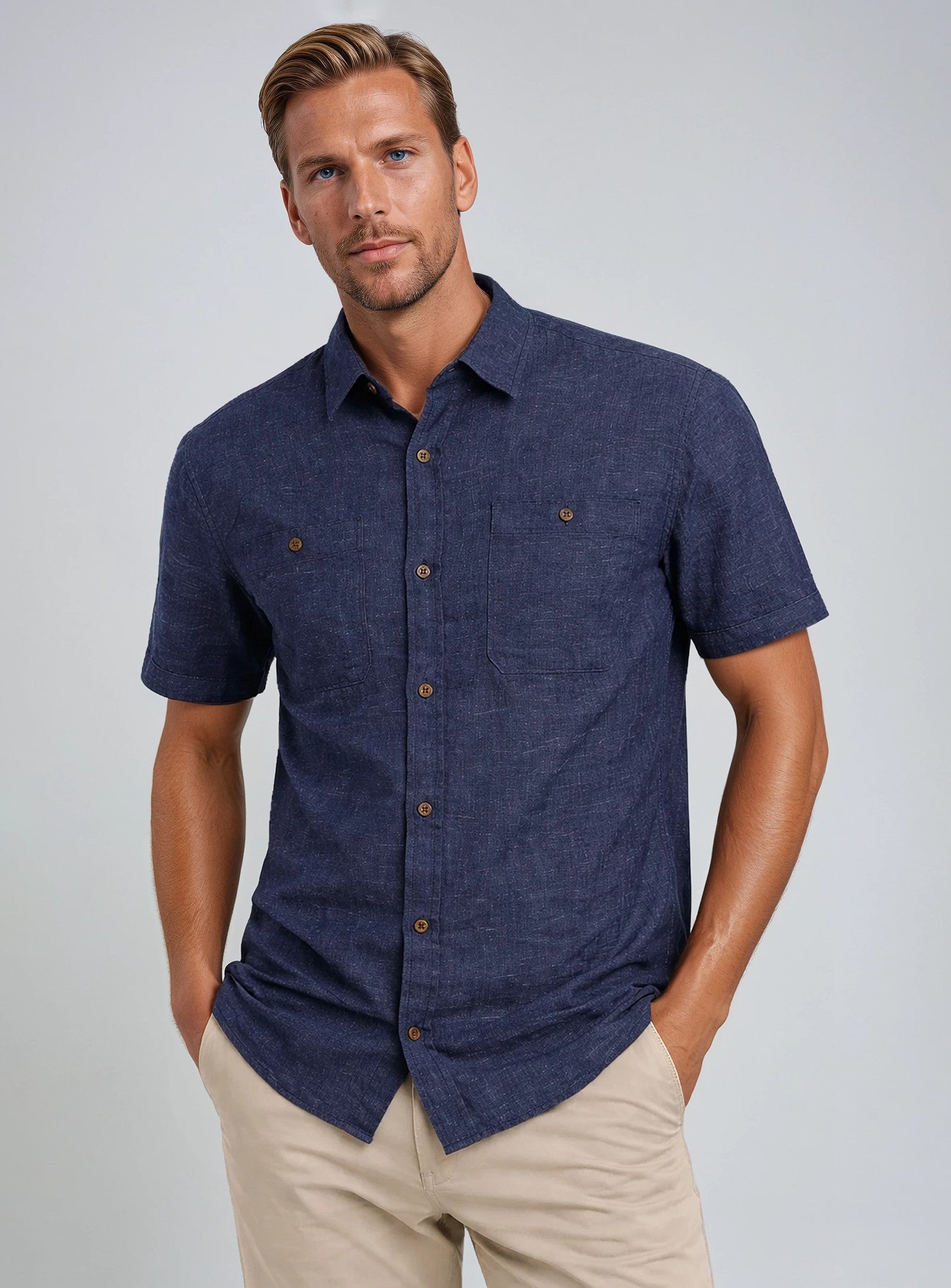 MEN'S POINT ZERO COTTON LINEN SOLID SHIRT - INDIGO MIX - Vi-Leen's Fashions