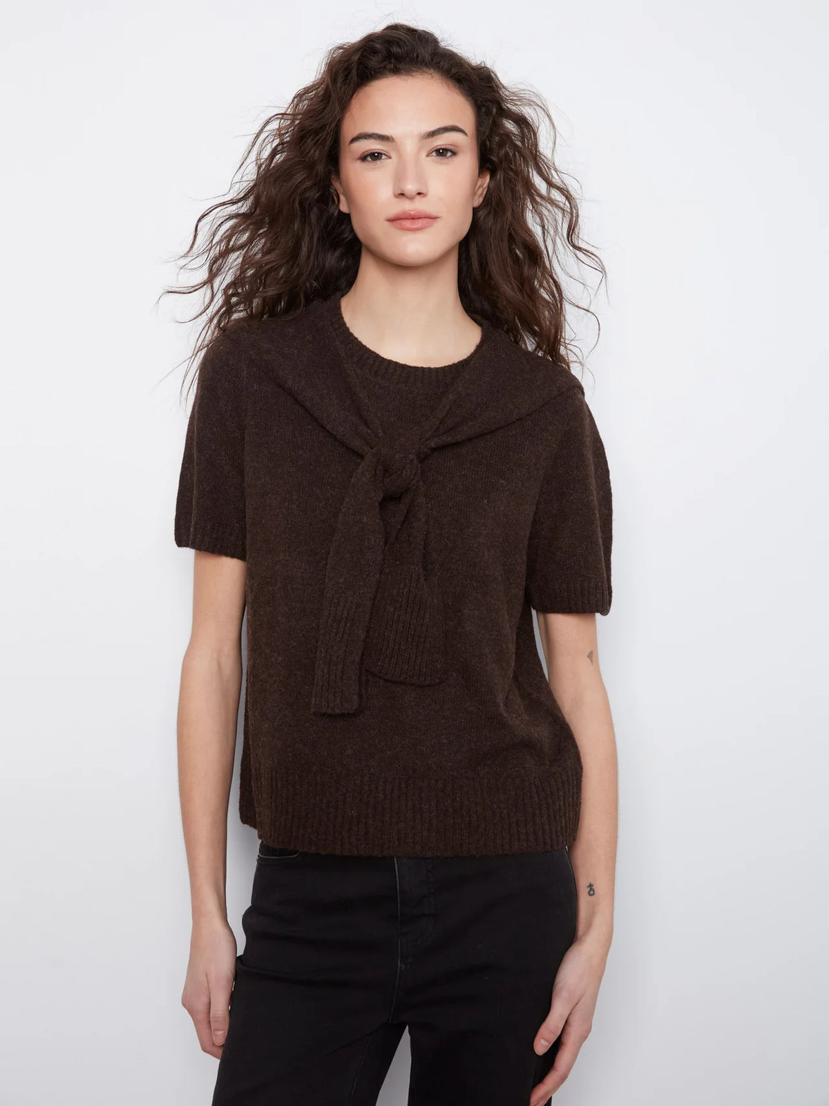 CHARLIE B SHORT SLEEVE SWEATER WITH SLEEVE DETAIL - COFFEE