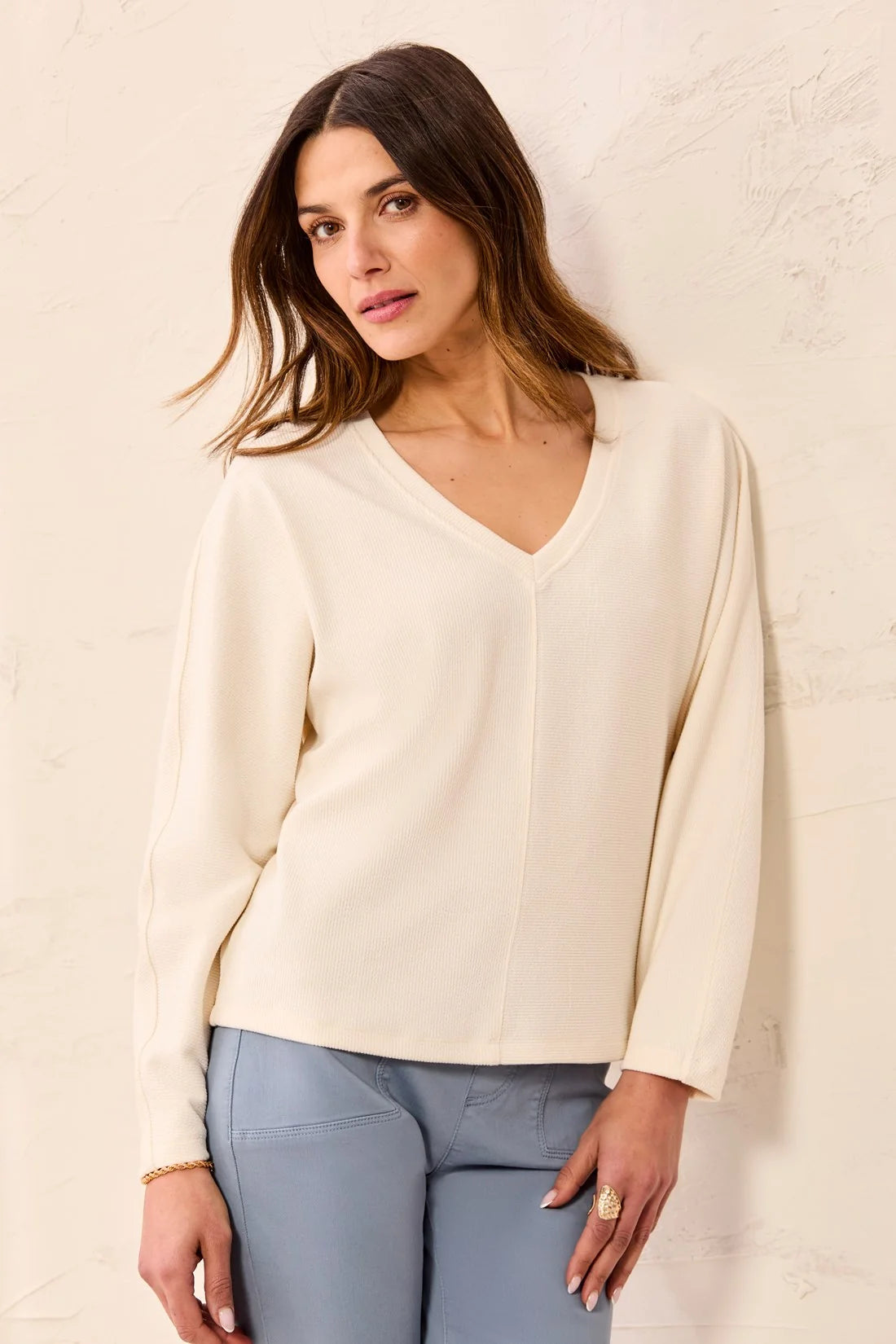 TRIBAL DOLMAN V-NECK TOP - ANTIQUE WHITE