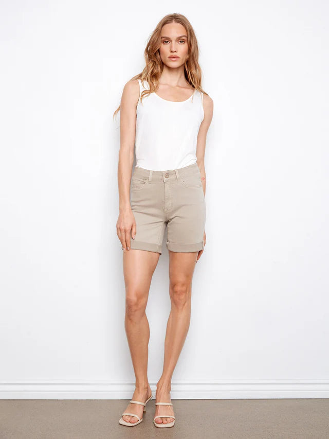 CHARLIE B STRETCH TWILL ROLLED UP HEM SHORT - GREIGE - Vi-Leen's Fashions