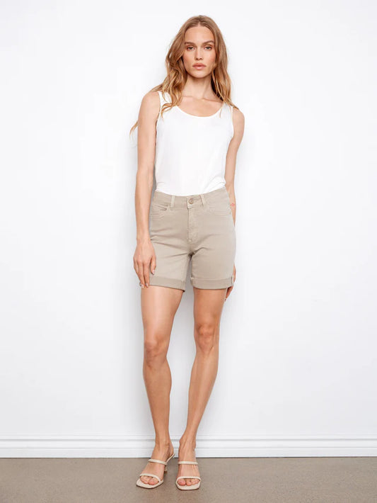 CHARLIE B STRETCH TWILL ROLLED UP HEM SHORT - GREIGE
