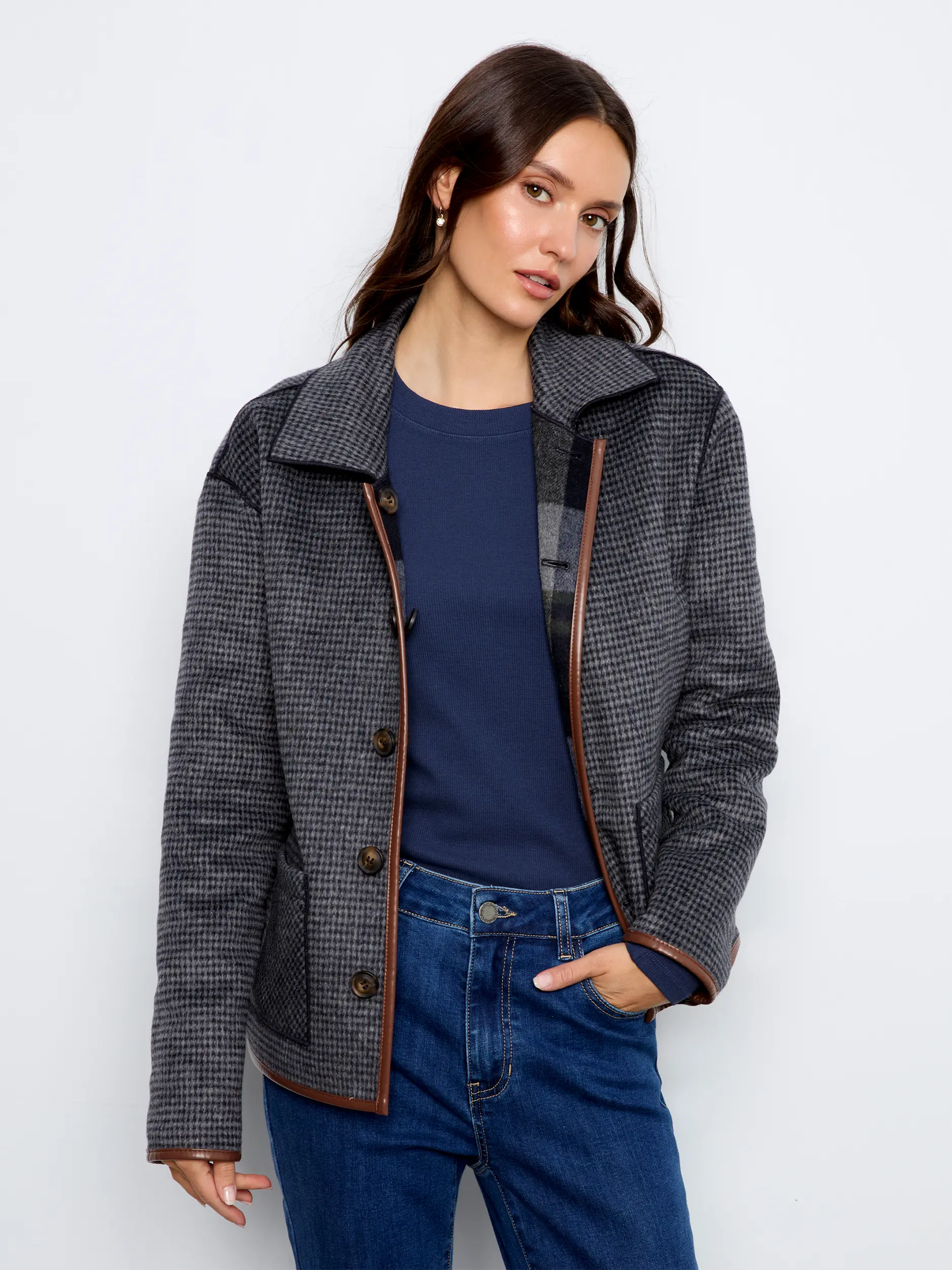 CHARLIE B REVERSIBLE PLAID JACKET - NAVY - Vi-Leen's Fashions