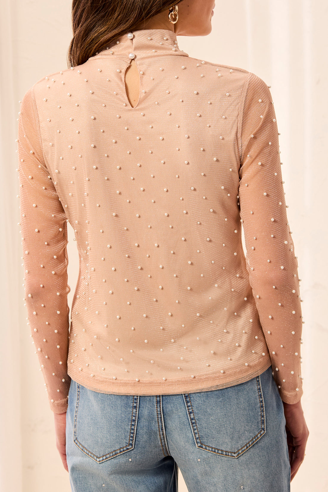 TRIBAL EMBELLISHED MOCK NECK TOP - PEARL
