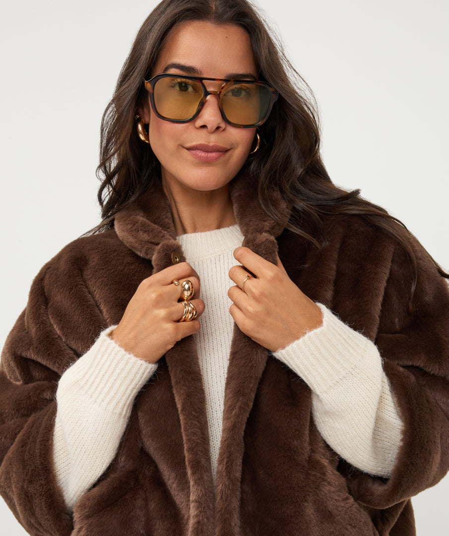 ESQUALO PONCHO FAUX FUR - COFFEE - Vi-Leen's Fashions