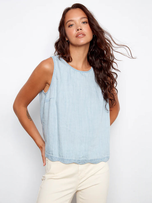 CHARLIE B SCALLOP HEM TOP WITH BACK DECORATIVE BUTTONS - LIGHT BLUE - Vi-Leen's Fashions