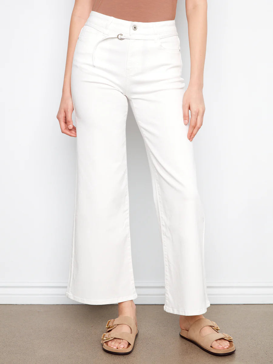 CHARLIE B BELTED WIDE LEG TWILL PANT - WHITE - Vi-Leen's Fashions