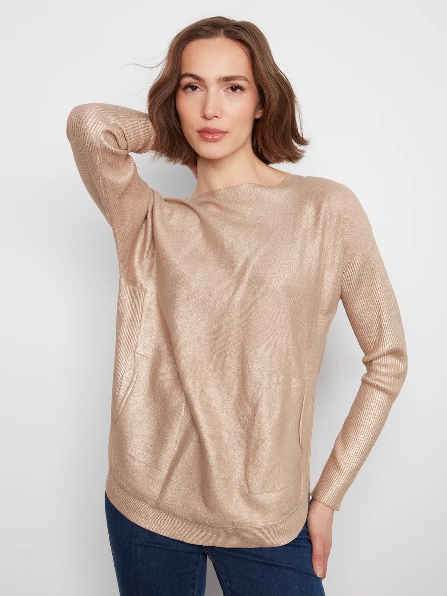 CHARLIE B FOILED PRINT SWEATER WITH LACE BACK - BRASS - Vi-Leen's Fashions