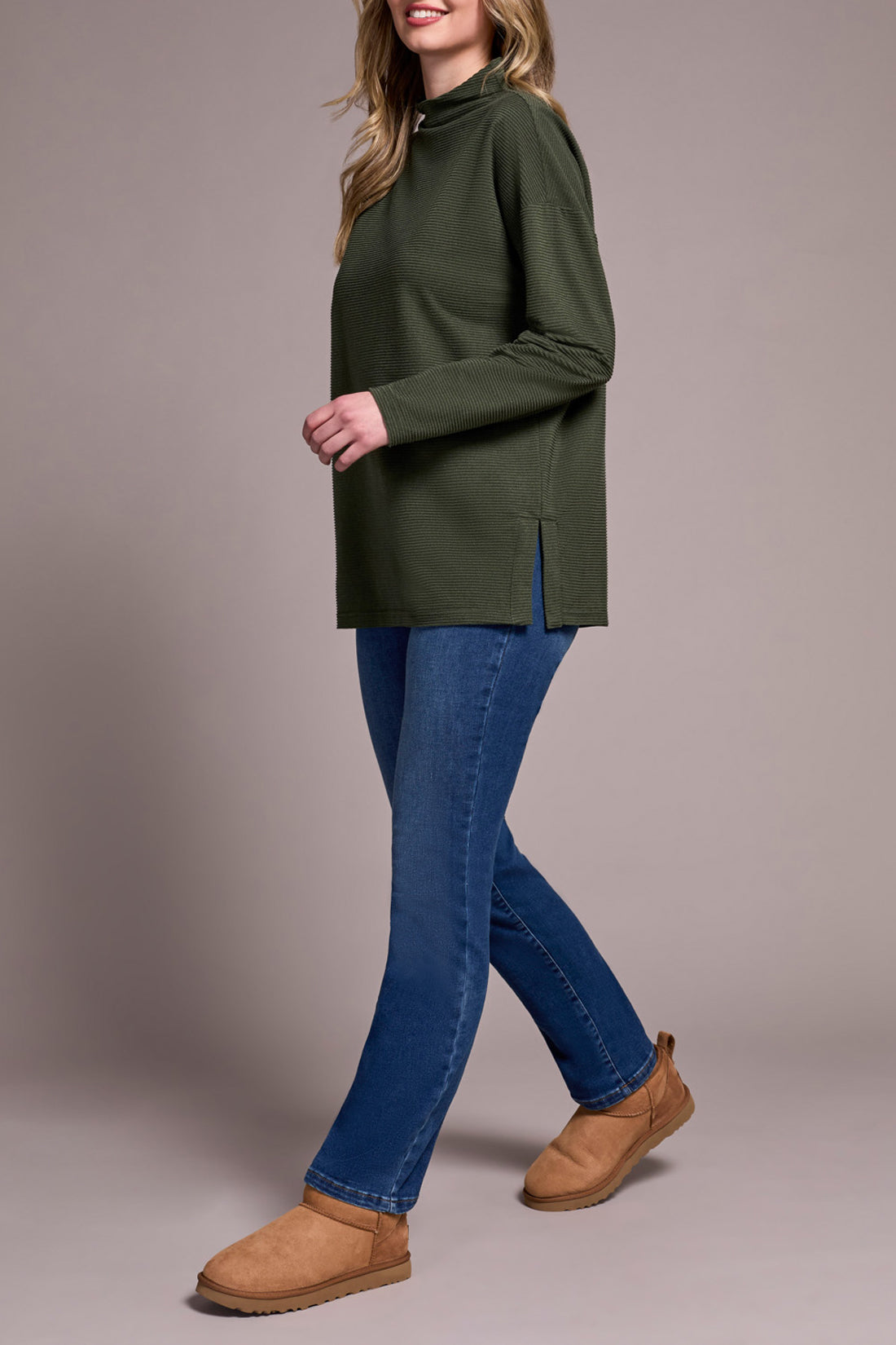 TRIBAL FUNNEL NECK RIB TUNIC SWEATER - SPRUCE