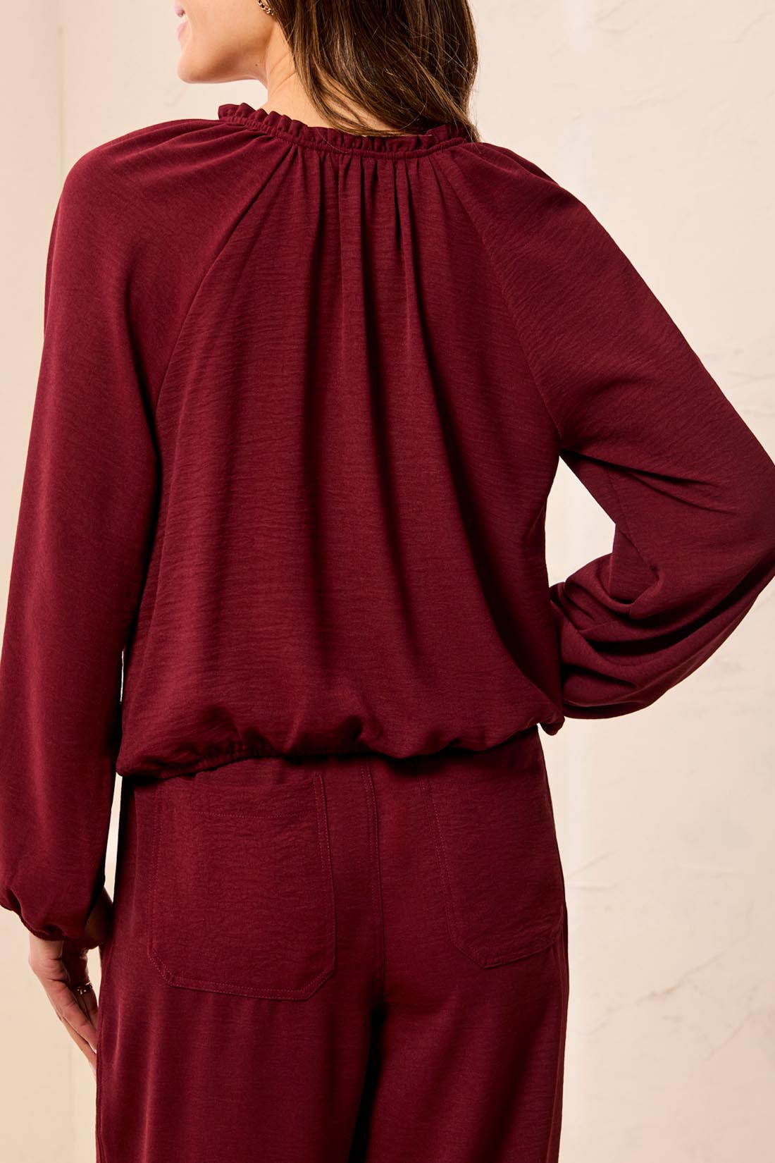 TRIBAL RAGLAN SLEEVE BLOUSE WITH FRONT KNOT - CHERRY LACQUER