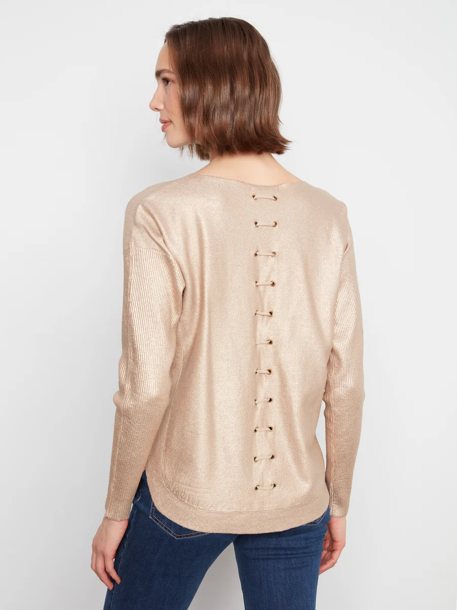 CHARLIE B FOILED PRINT SWEATER WITH LACE BACK - BRASS - Vi-Leen's Fashions
