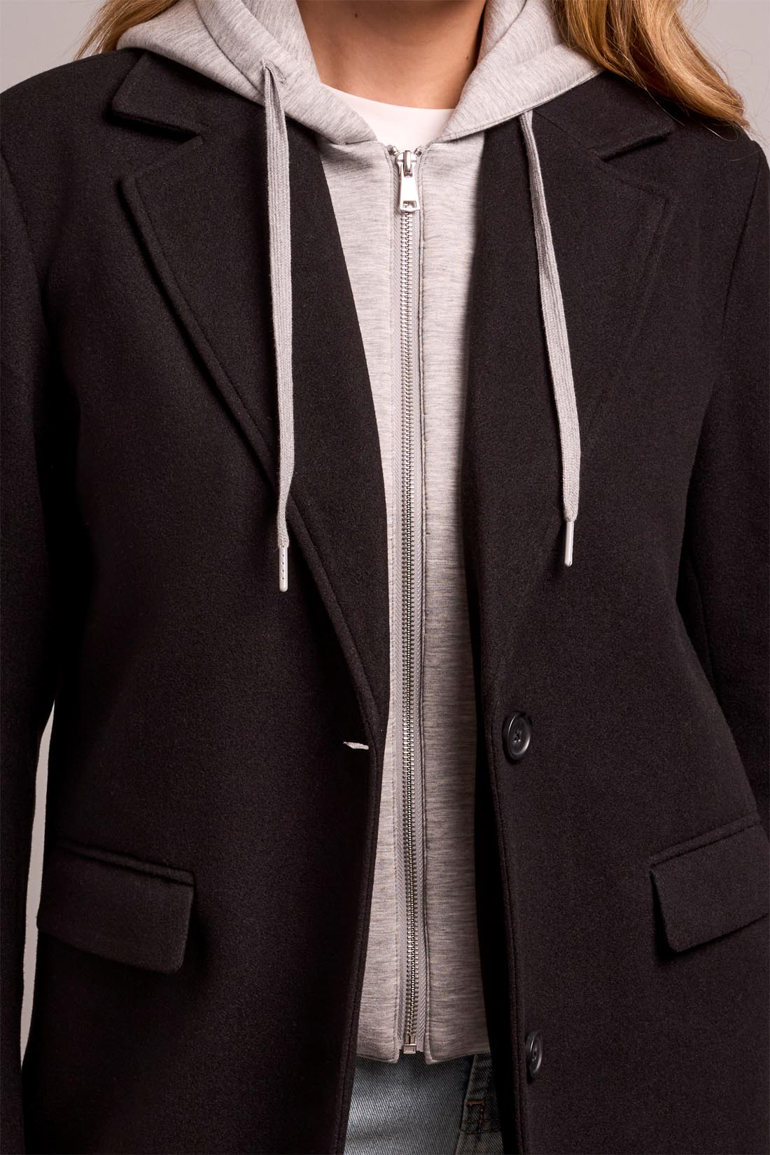 TRIBAL CAR COAT WITH FOOLER HOODIE - BLACK