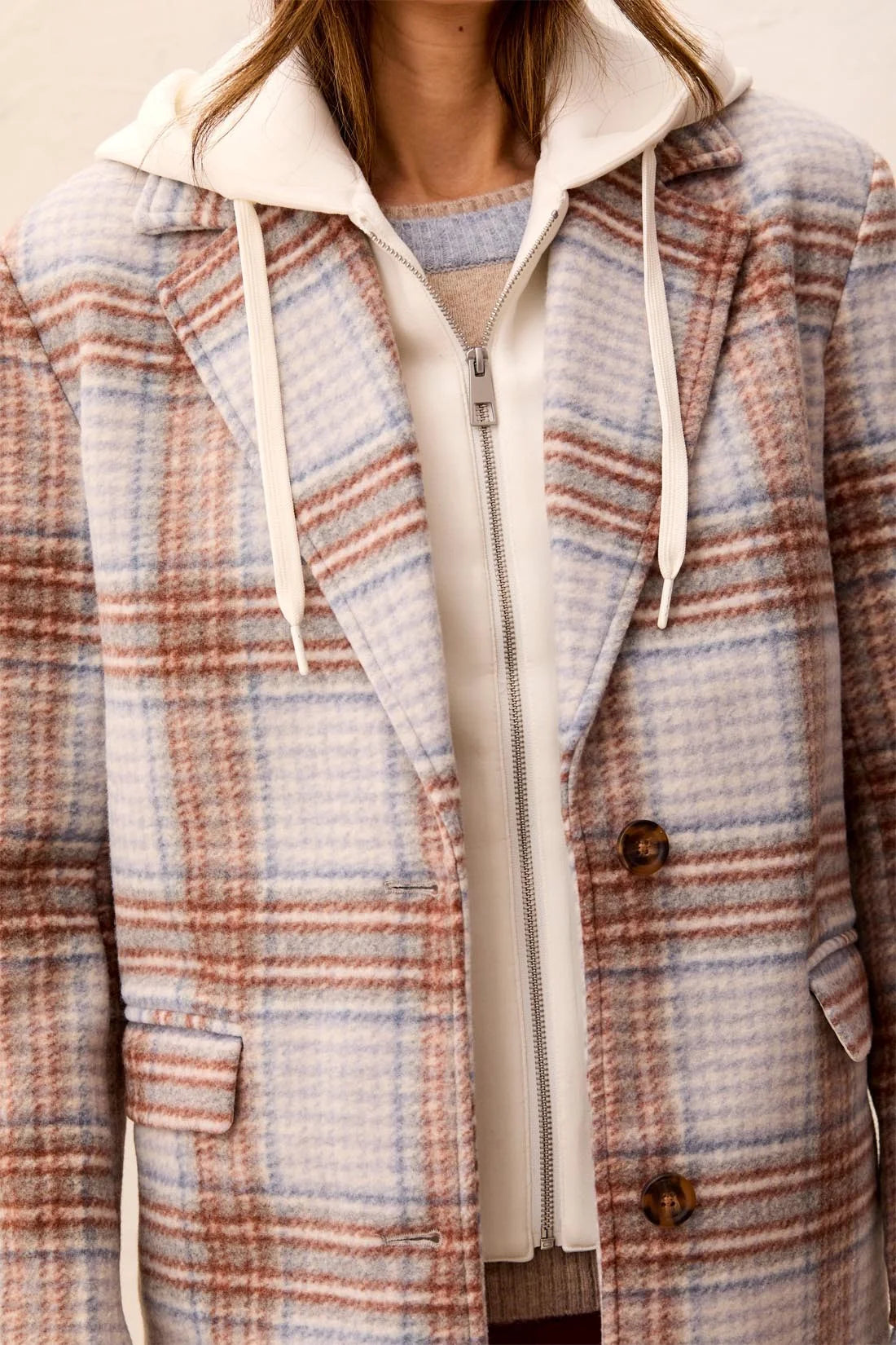TRIBAL PLAID CAR COAT WITH REMOVABLE FOOLER HOOD