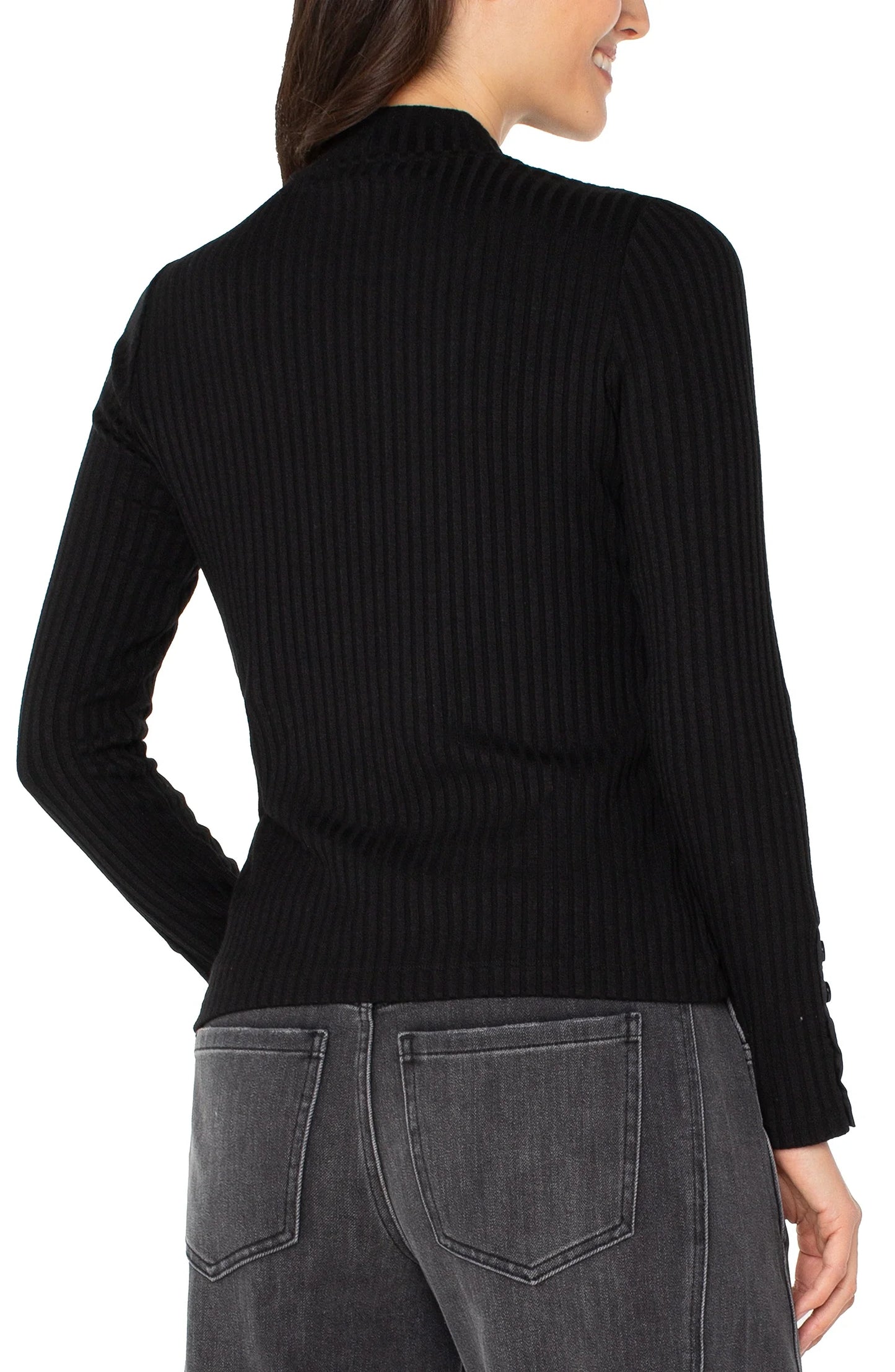 LIVERPOOL MOCK NECK TOP WITH BUTTON DETAIL ON SLEEVE - BLACK