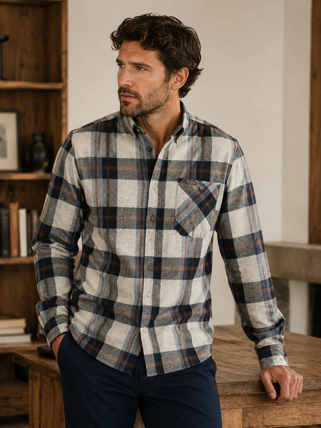 MEN'S POINT ZERO COTTON SHIRT - EGGSHELL/NAVY