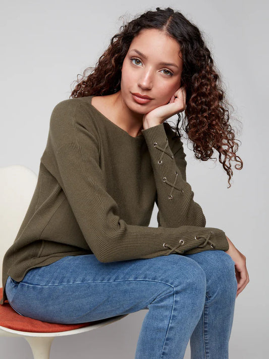 CHARLIE B SWEATER WITH LACE UP CUFFS - SPRUCE