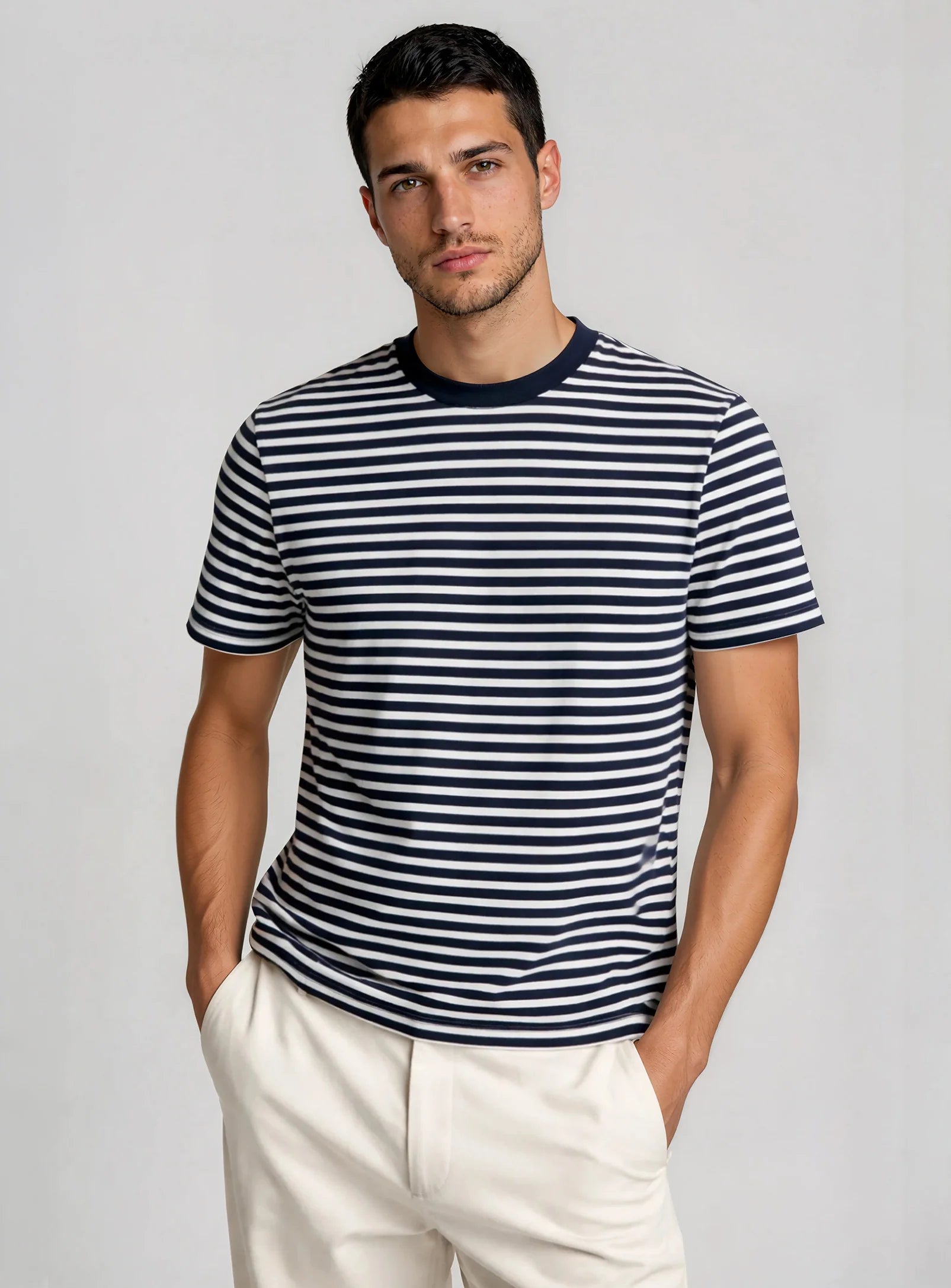 MEN'S POINT ZERO STRIPE CREW NECK T-SHIRT - NAVY - Vi-Leen's Fashions