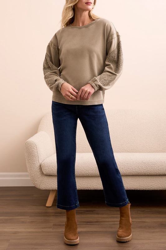 TRIBAL CREW NECK SLEEVE DETAIL PULLOVER - OLIVE LEAF