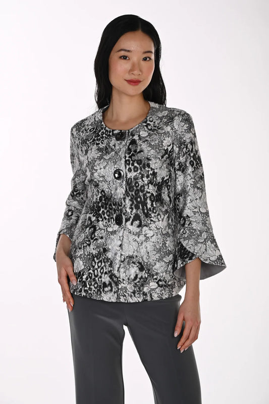 FRANK LYMAN PRINTED JACKET WITH FLUTTER SLEEVE - BLACK/GREY - Vi-Leen's Fashions