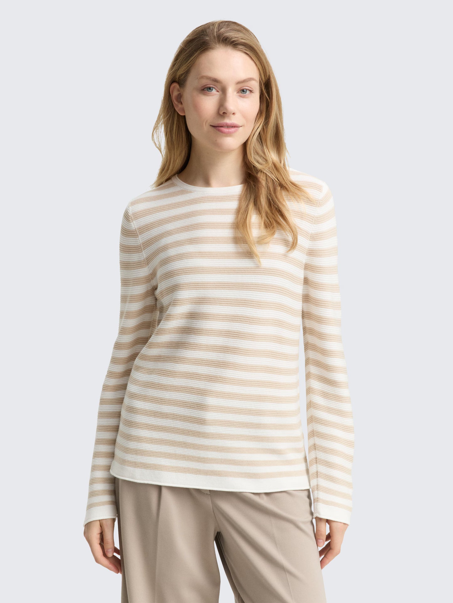 TOM TAILOR RIBBED STRIPE PULLOVER - SAND/OFF WHITE