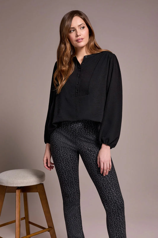 TRIBAL BLOUSE WITH FOLDED HEM - BLACK