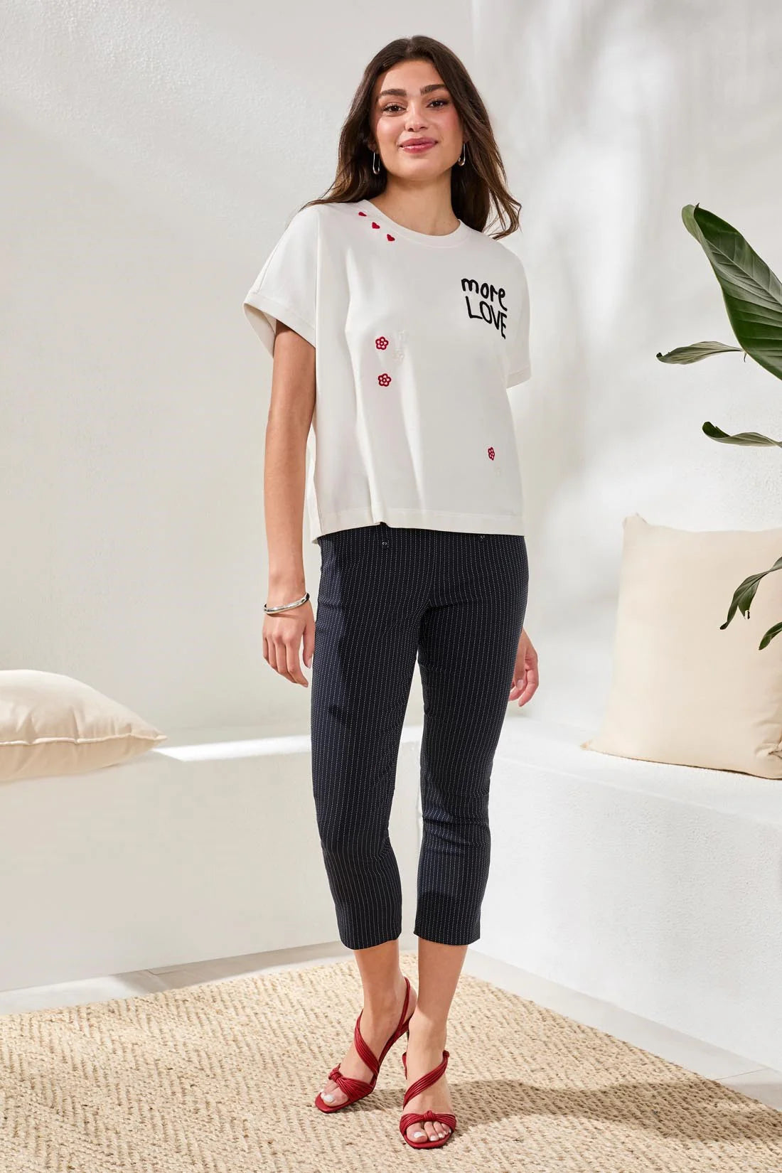 TRIBAL EMBROIDERED DETAIL CREW NECK TOP - WHITE - Vi-Leen's Fashions