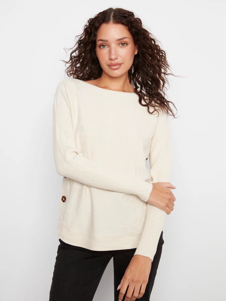 CHARLIE B BOAT NECK SWEATER WITH SIDE BUTTONS - NATURAL