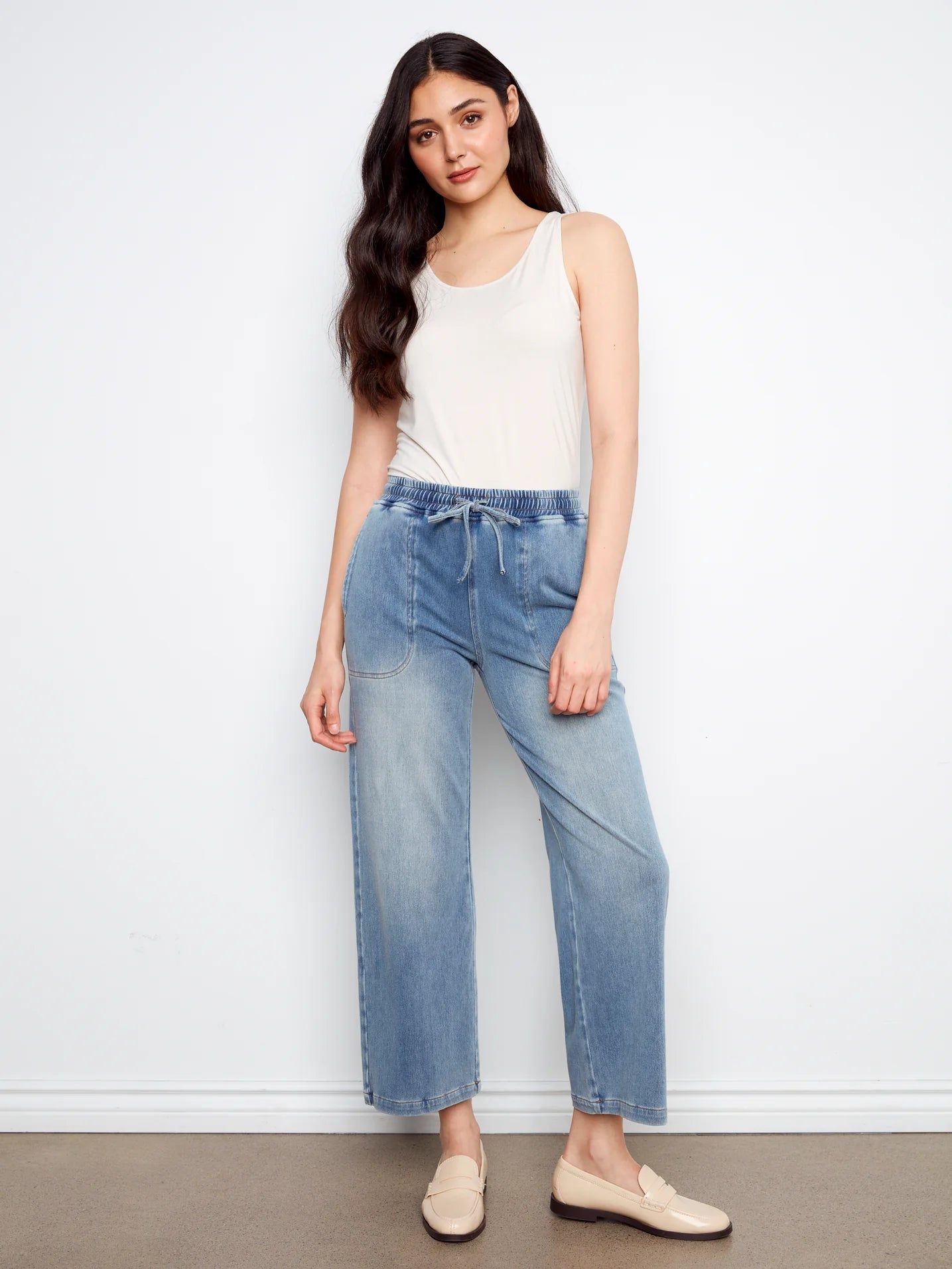 CHARLIE B KNIT DENIM WIDE LEG JOGGER PANT - MEDIUM BLUE - Vi-Leen's Fashions