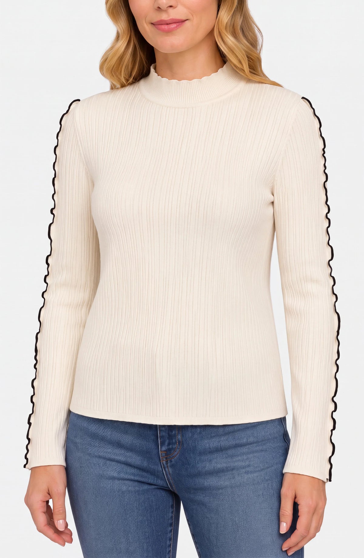 LIVERPOOL MOCK NECK SWEATER WITH SLEEVE DETAIL - CREAM/BLACK