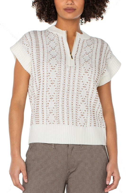 LIVERPOOL CAP SLEEVE DOLMAN 1/2 ZIP SWEATER - CREAM/CAMEL