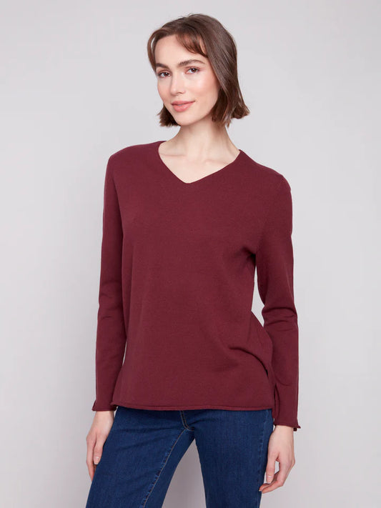 CHARLIE B LONG SLEEVE V-NECK SWEATER - CABERNET