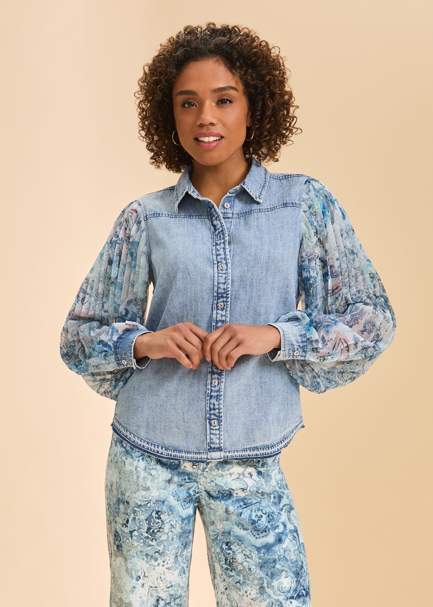 FDJ PLEATED SLEEVE CHAMBRAY SHIRT - NEUTRAL NARNIA - Vi-Leen's Fashions