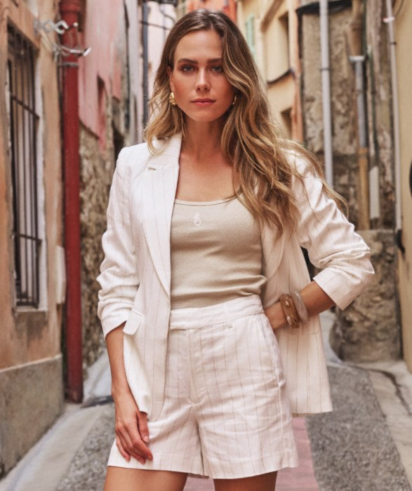 ESQUALO LINEN STRIPE LINED BLAZER - OFF WHITE/SAND - Vi-Leen's Fashions