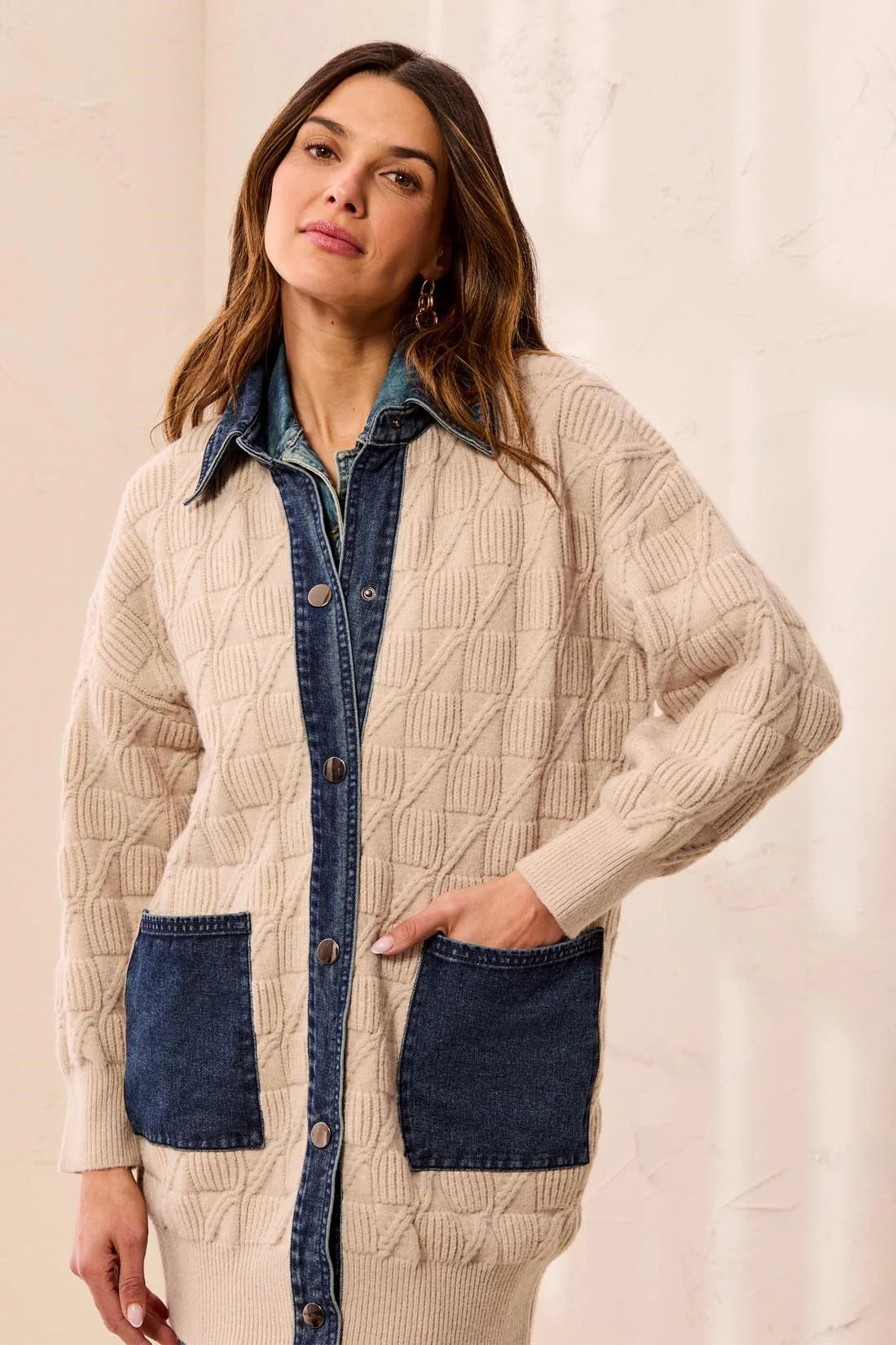 TRIBAL CABLE KNIT COATIGAN WITH DENIM PATCH POCKETS