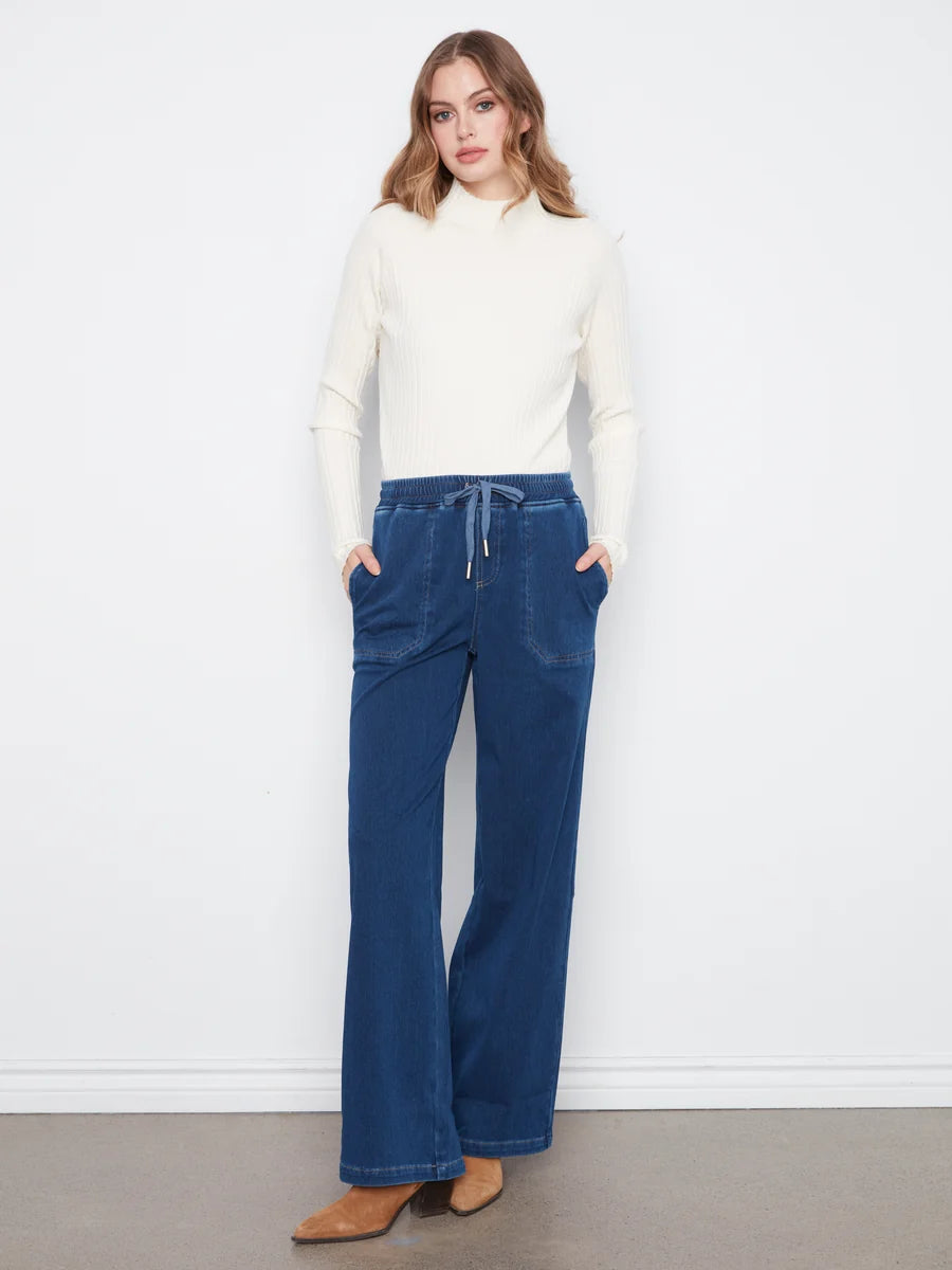 CHARLIE B KNIT DENIM WIDE LEG JOGGER PANT - INDIGO - Vi-Leen's Fashions