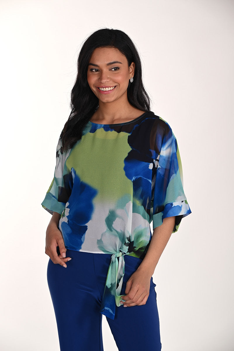 FRANK LYMAN PRINT TIE FRONT TOP - BLUE/GREEN
