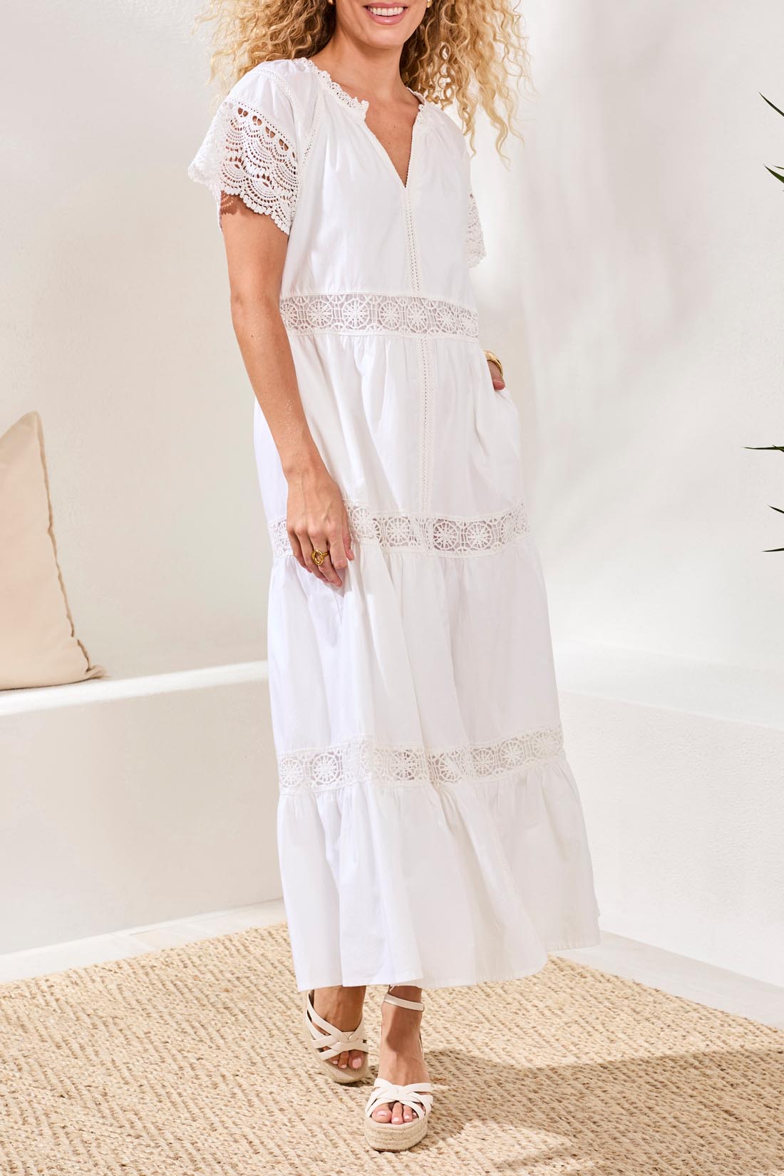TRIBAL LINED PEASANT DRESS - WHITE - Vi-Leen's Fashions