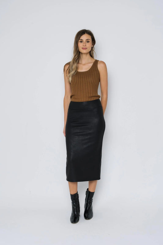 ORB SADIE FAUX LEATHER MIDI SKIRT - BLACK
