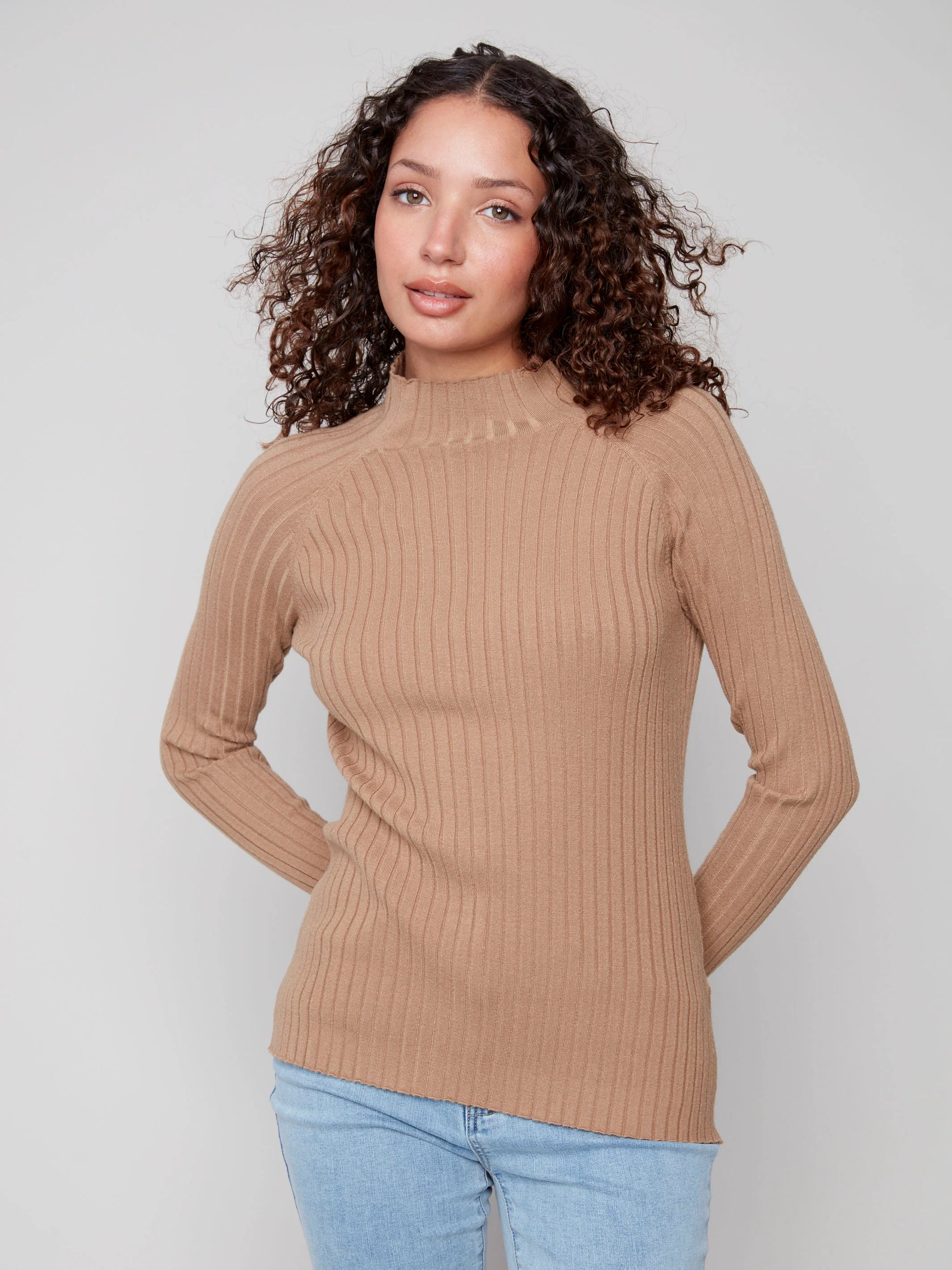 CHARLIE B RIBBED MOCK NECK SWEATER - TRUFFLE - Vi-Leen's Fashions