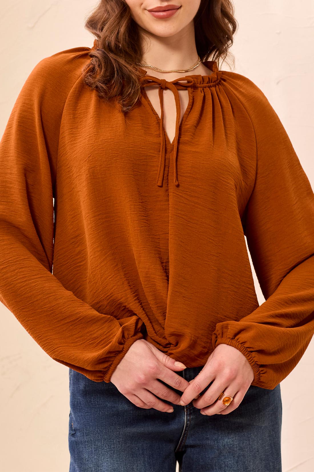 TRIBAL RAGLAN SLEEVE BLOUSE WITH FRONT KNOT - RUST