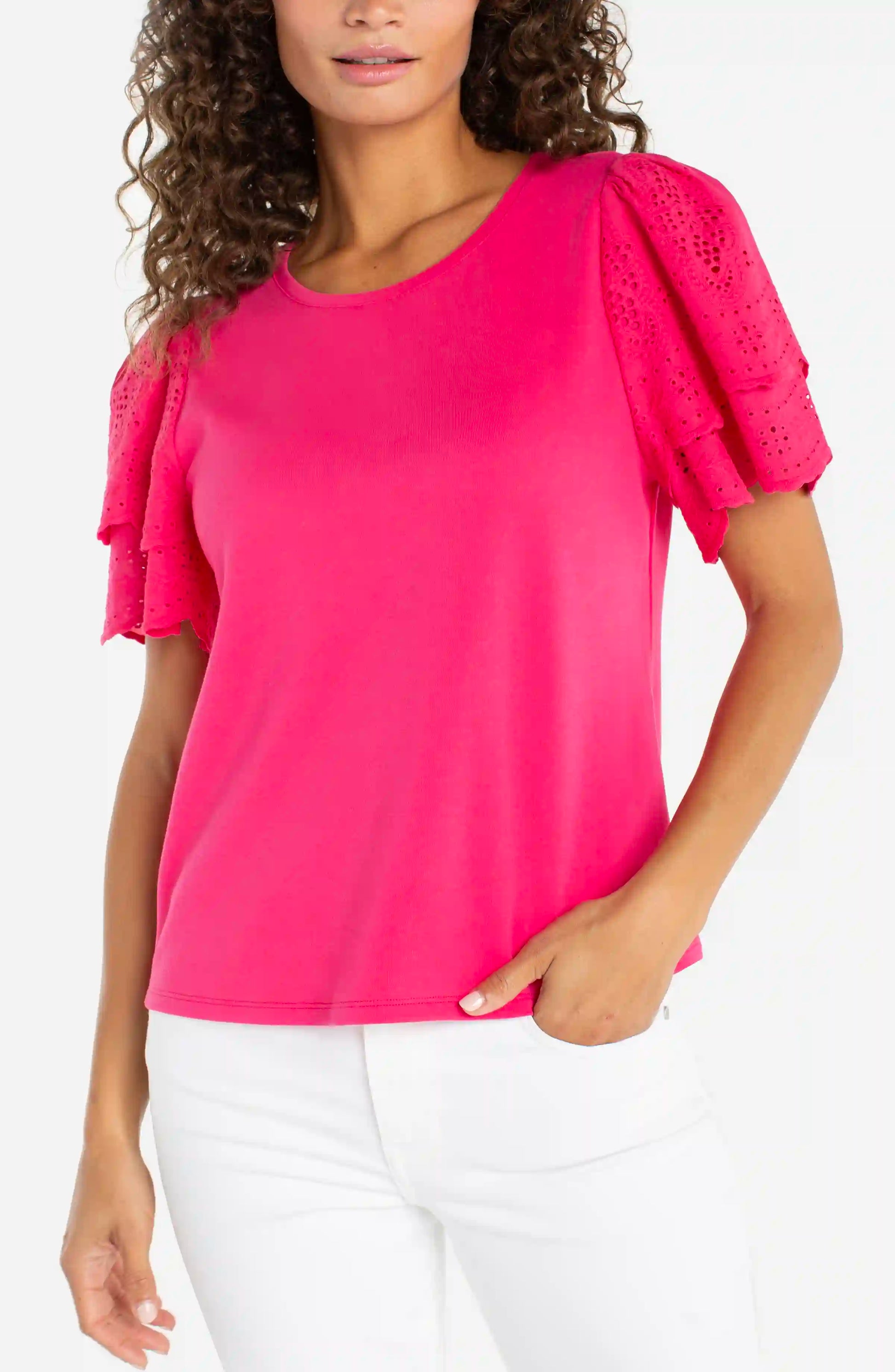 LIVERPOOL EYELET SLEEVE TOP - DIVA PINK - Vi-Leen's Fashions
