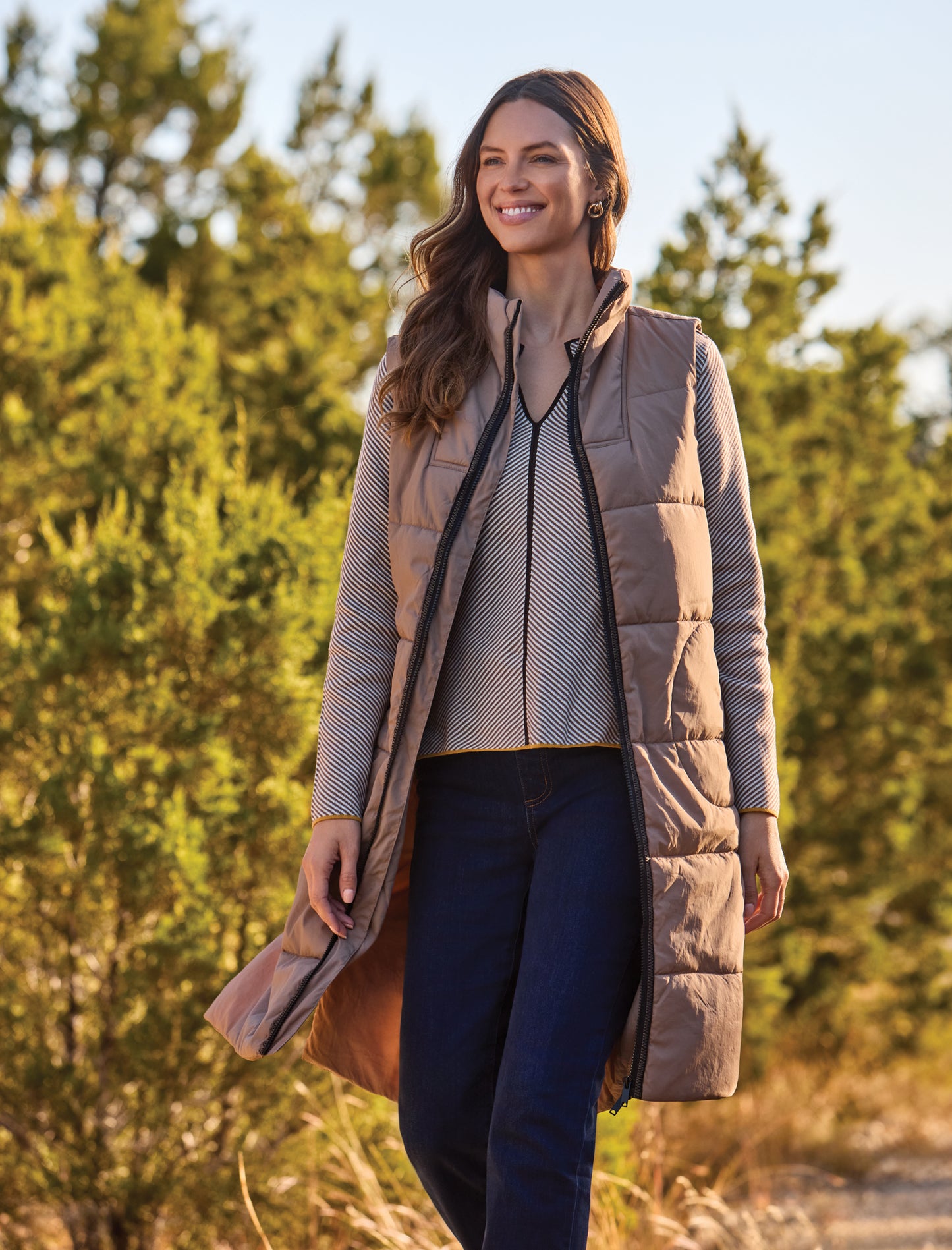 TRIBAL QUILTED LONG VEST - FOSSIL