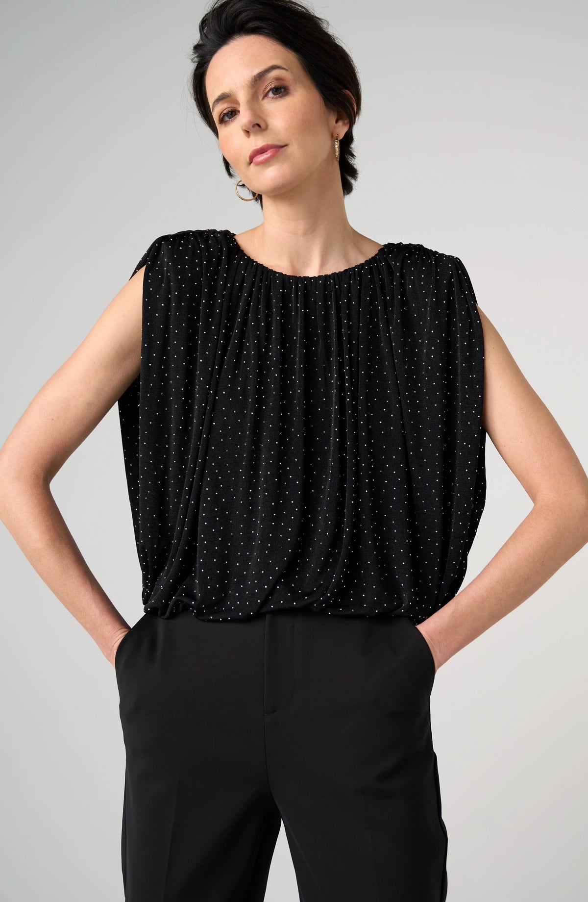 LIVERPOOL SLEEVELESS DRAPED TOP - BLACK/SILVER
