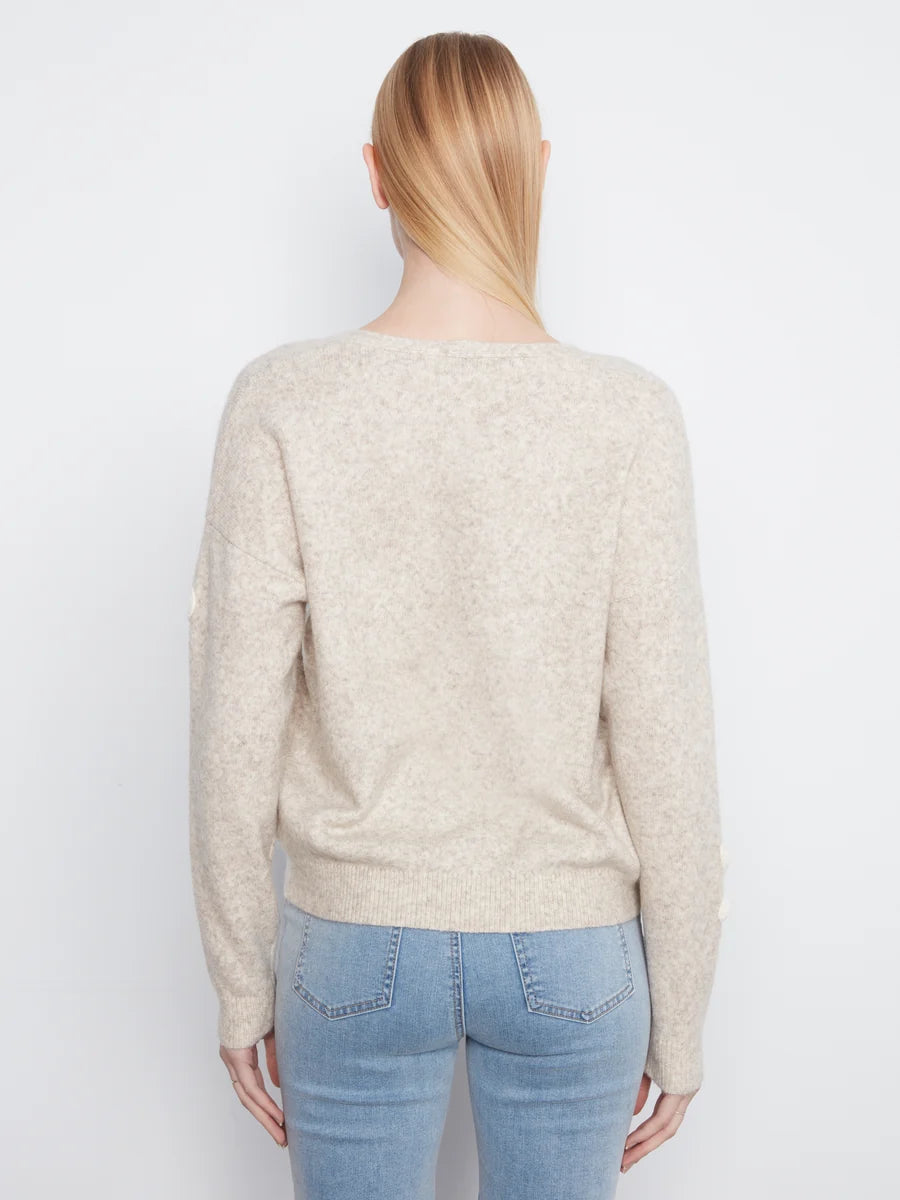 CHARLIE B V-NECK SWEATER WITH FLOWER APPLIQUE - ALMOND