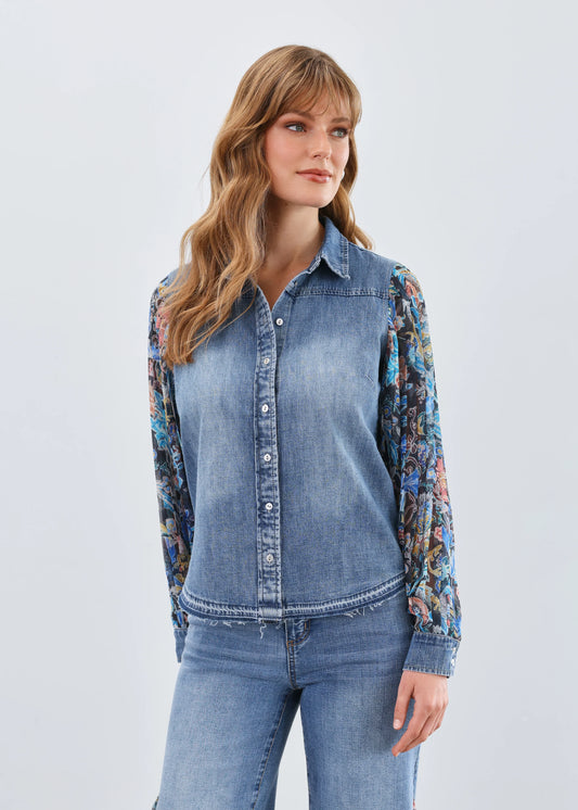 FDJ PLEATED SLEEVE CHAMBRAY SHIRT